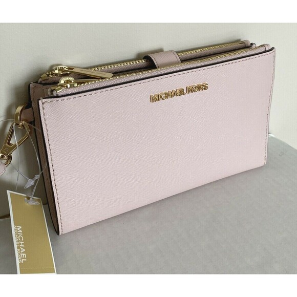 New Michael Kors Jet Set Travel Double zip wristlet wallet Leather Powder Blush - Picture 2 of 5